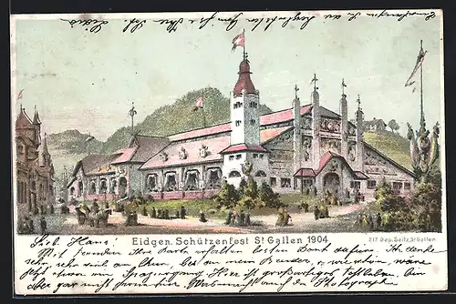 Lithographie St. Gallen, Eidgen. Schützenfest 1904, Eingang der Festhalle