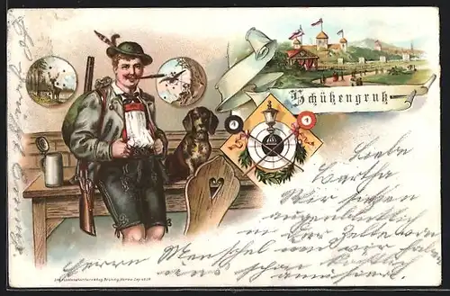 Lithographie Jäger mit Dackel und Gewehr, Schützengruss