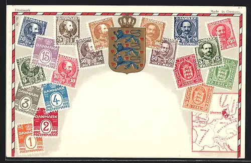 AK Briefmarken Dänemarks, Wappen, Landkarte