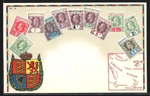 Lithographie Briefmarken von Fiji verschiedener Werte, Wappen mit Krone, Landkarte der Region