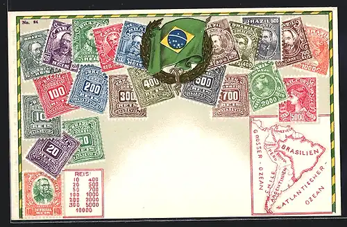 AK Brasilianische Briefmarken mit Wappen, Landkarte