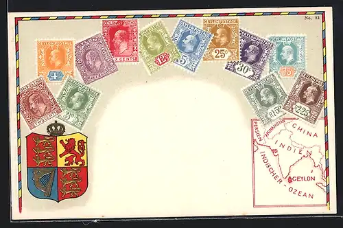 Lithographie bunte Briefmarken aus Ceylon mit Wappen und Landkarte