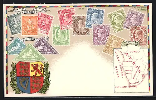 AK Kap der Guten Hoffnung, Briefmarken und Wappen, Landkarte