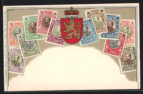 AK Briefmarken und Wappen Bulgariens, Krone