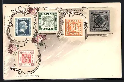 Lithographie Briefmarken aus Baden, Bayern, Sachsen & Freimarke 2 Silbergr.