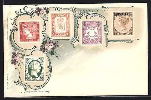 Lithographie Briefmarken von Gibraltar und Blumen-Ornamente
