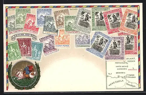 AK Briefmarken und Wappen von Barbados mit Landkarte