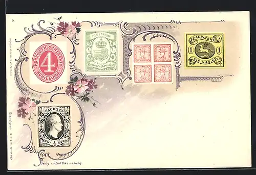 Lithographie Briefmarken Oldenburg, Schleswig, Sachsen, Braunschweig, Schwerin, Blumen-Ornamente