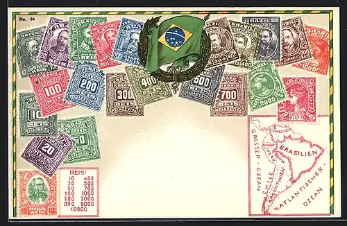 AK Brasilianische Briefmarken mit Wappen, Landkarte