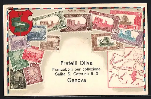 AK Tunesien, Briefmarken und Wappen, Landkarte