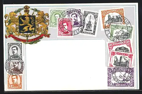 AK Briefmarken und Wappen Belgiens, Ehrenkranz, Krone