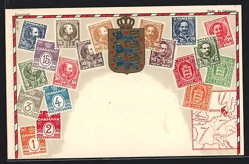 AK Briefmarken Dänemarks, Wappen, Landkarte