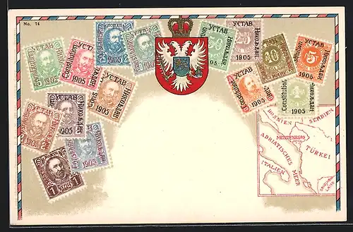 AK Briefmarken und Wappen Montenegro, Krone, Landkarte
