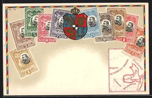 AK Rumänien, Briefmarken, Wappen und Landkarte