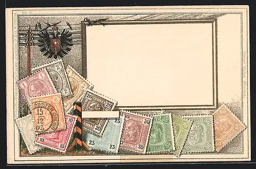 AK Briefmarken und Wappen Österreichs, mit Schwalben auf einer Telegraphenleitung
