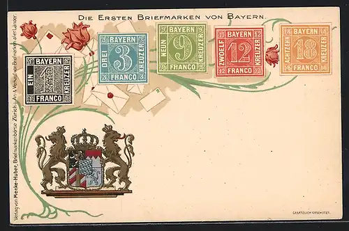 AK Die ersten Briefmarken von Bayern, Wappen, Blume
