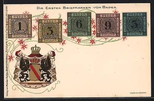 AK Die ersten Briefmarken von Baden, Freimarkensatz mit dem Badener Wappen