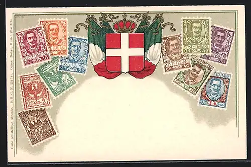 AK Italienische Briefmarken mit Wappen und Fahne