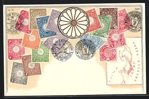AK Briefmarken und Landkarte Japans, Blütenrad, Stempel