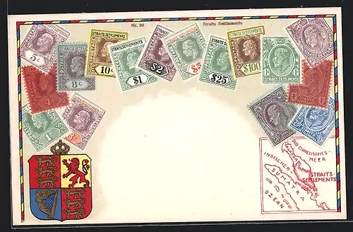 AK Straits-Settlements, Briefmarken und Wappen mit Krone, Landkarte