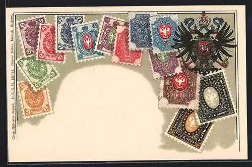 Lithographie Russland, Briefmarken und dopelköpfiger Adler mit Wappen