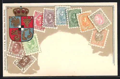 AK Briefmarken mit Wappen von Rumänien