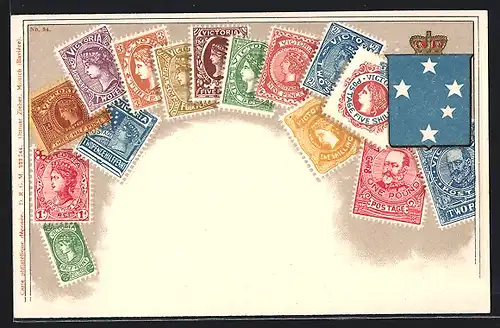 AK Neuseeland, Briefmarken und Wappen