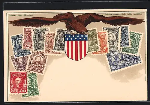 AK verschiedene Briefmarken aus den USA, Adler mit Wappen