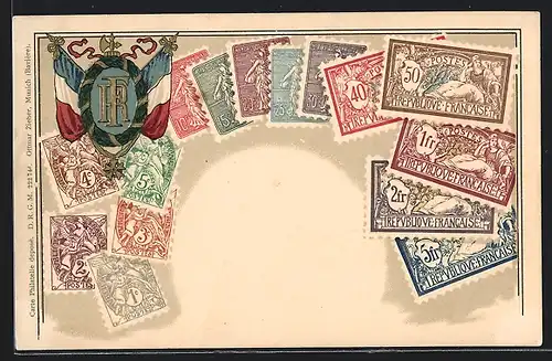 AK Frankreich, Briefmarken & Wappen