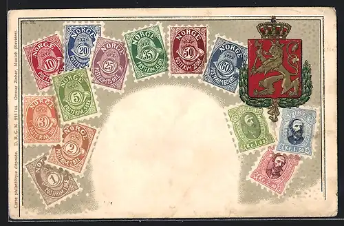 AK Norwegen, Briefmarken und Wappen