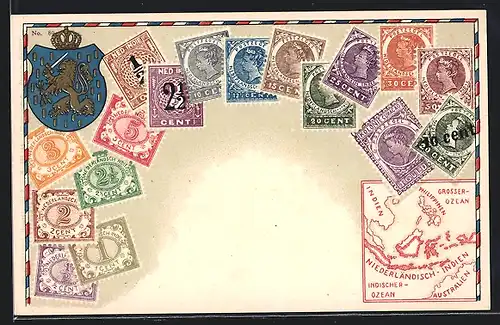 AK Niederländisch-Indien, Briefmarken und Wappen mit Krone, Landkarte