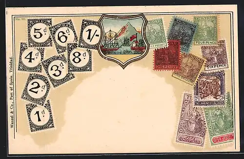 AK Trinidad, Briefmarken und Wappen