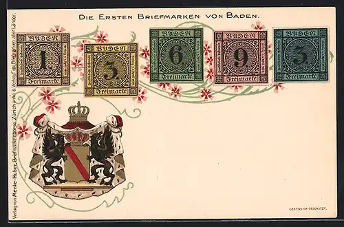 AK Die ersten Briefmarken von Baden, Freimarkensatz mit dem Badener Wappen