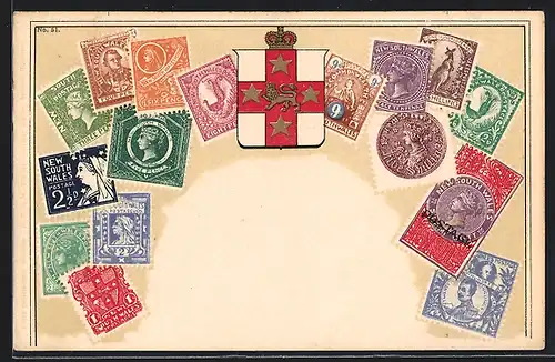 AK South Wales, Briefmarken und Wappen