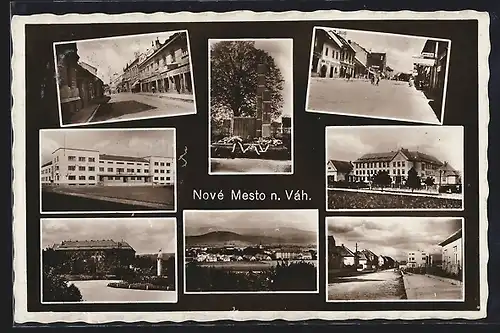 AK Nové Mesto n. Váh., Strassenansicht mit Geschäften, Gebäudeansicht, Kriegerdenkmal
