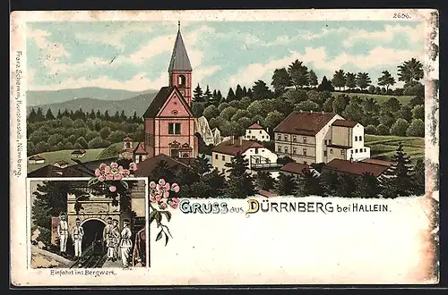 Lithographie Dürnberg, Teilansicht mit Kirche, Einfahrt ins Bergwerk