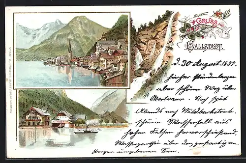 Lithographie Hallstatt, Ortsansicht vom Wasser aus mit Häusern und Kirche, Wasserfall, Dampfer auf Wasser