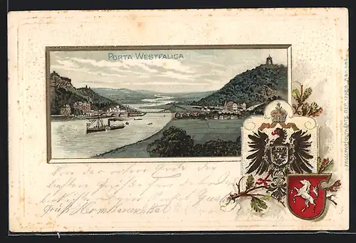 Passepartout-Lithographie Porta Westfalica, Ortsansicht mit Weserpartie und Wappen