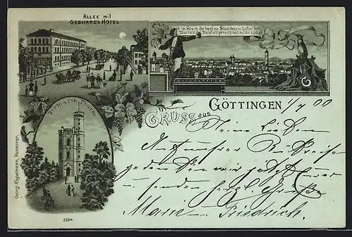Mondschein-Lithographie Göttingen, Allee mit Gebhard`s Hotel, Bismarck-Thurm, Stadtansicht