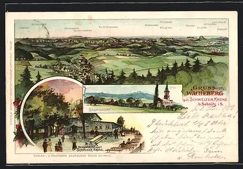 Lithographie Saupsdorf, Berggasthof Schweizer Krone, Teilansicht mit Kirche