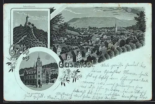 Mondschein-Lithographie Geislingen, Die neue Post, Oedenthurm, Blick auf die Stadt im Vollmondlicht