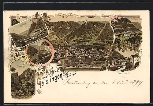 Lithographie Geislingen a. d. Steige, Ortsansicht von Eybach, Wasserfall, Rorgenstaig und Felsenthal