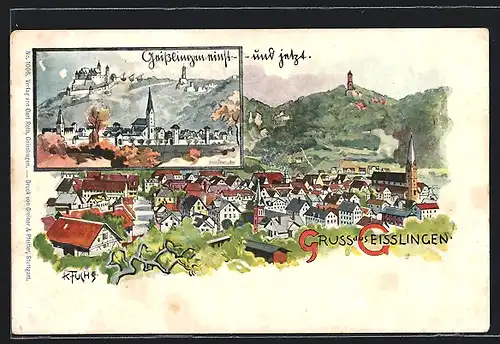 Lithographie Geislingen, Ortsansicht mit umliegenden Bergen