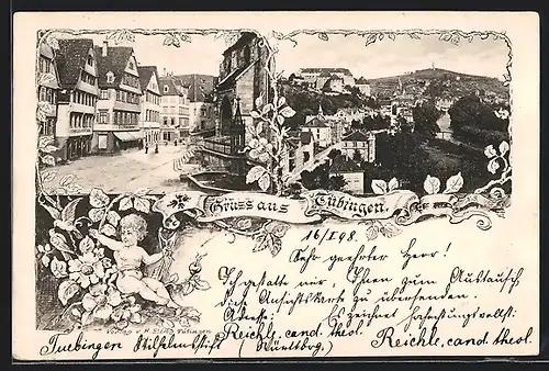 Lithographie Tübingen, Strassenpartie mit Handlung von C. J. Pfleiderer, Stadtansicht, Amor mit Pfeil und Bogen