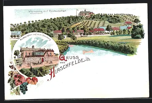 Lithographie Hirschfelde i. S., Restaurant auf dem Weinberg, Panorama