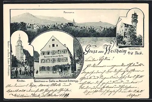 AK Weilheim a. d. Teck, Restaurant zur Sonne, Kirche, Teckturm