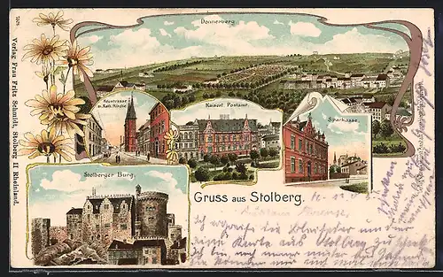 Lithographie Stolberg /Rhld., Ortsansicht Donnerberg, Sparkasse