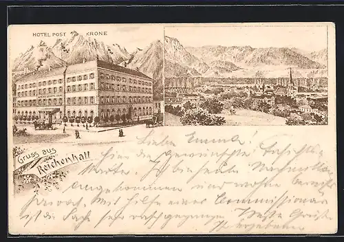 Lithographie Reichenhall, Hotel Post Krone, Panorama
