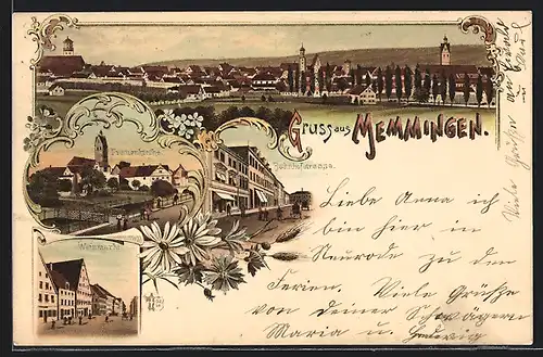 Lithographie Memmingen, Gesamtansicht, Frauenkirche, Weinmarkt, Bahnhofstrasse