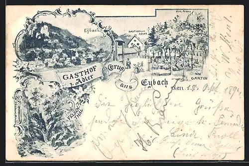 Lithographie Eybach, Gasthof Adler Garten u. hoher Felsen, Felsenthal, Teilansicht